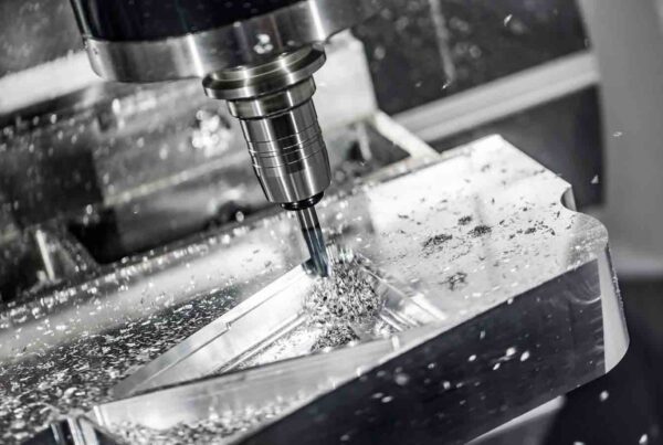 A CNC milling machine is cutting into a piece of metal, producing shavings and sparks, showcasing an efficient alternative to metal 3D printing at a reduced cost.