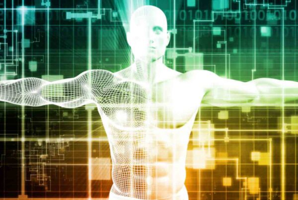 A digital rendering of a human figure with one half showing a muscle diagram and the other half displaying a wireframe, against a backdrop of abstract technological elements.