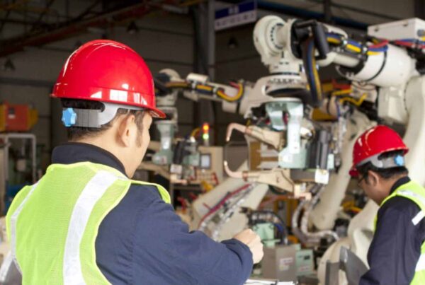 Two workers in safety gear and red helmets operate machinery in an industrial setting.