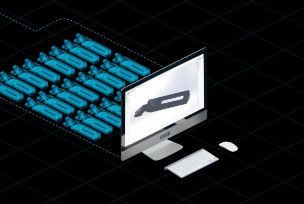 A digital illustration of a desktop computer displaying a 3d design software with blueprints of a wrench, all set on a dark grid background.