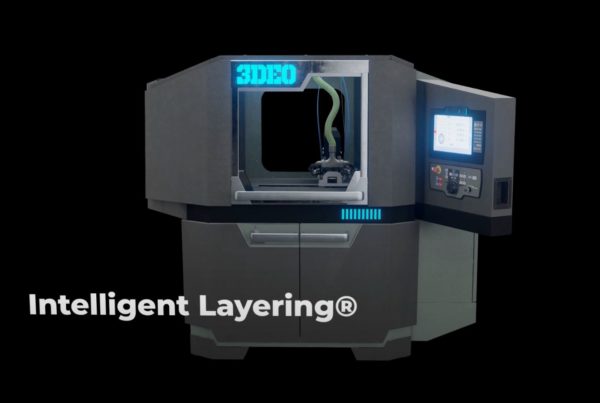 3deo metal 3d printer with intelligent layering® technology, featuring a control panel and enclosed printing area, displayed against a dark background.