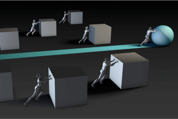 Digital illustration of several figures pushing box-shaped objects while one figure pushes a spherical object along a turquoise path.