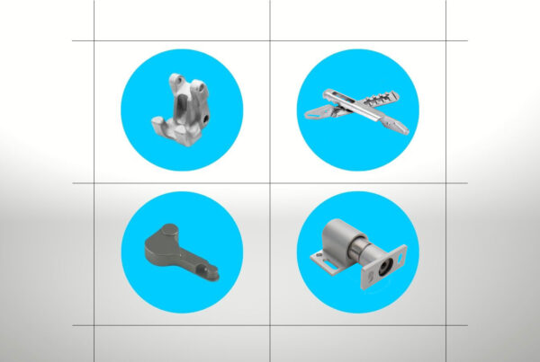 Four mechanical components displayed in a 2x2 grid on a light background with blue circles highlighting each part.