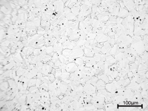 A microscopic image of a 17-4PH stainless steel sample reveals irregular grain boundaries and small dark spots scattered throughout. A scale bar in the bottom right corner indicates 100 micrometers.