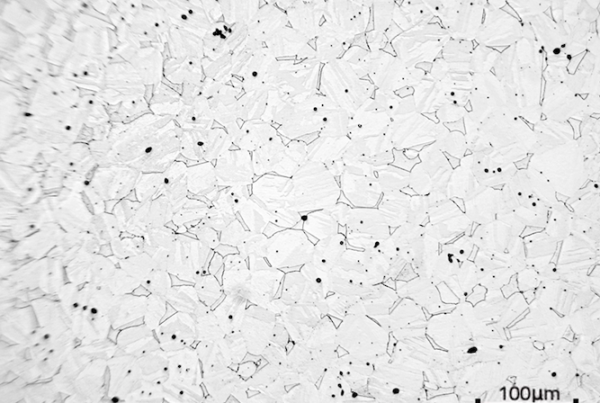 A microscopic image of a 17-4PH stainless steel sample reveals irregular grain boundaries and small dark spots scattered throughout. A scale bar in the bottom right corner indicates 100 micrometers.