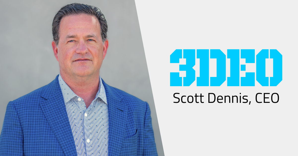 A man in a blue jacket and button-up shirt stands beside the text "3DEO Scott Dennis, CEO" on a light gray background, showcasing his company's excellence in winning Design Excellence Awards.