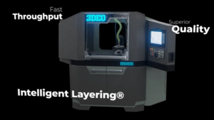 A modern 3D printer with a neon blue "3DEO" sign, emphasizing features like fast throughput, superior quality, and intelligent layering®, ideal for aerospace manufacturing.