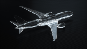 A transparent, 3D-rendered model of an airplane, crafted using aerospace metal additive manufacturing techniques, is displayed against a dark, textured background.