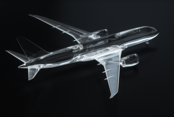 A transparent, 3D-rendered model of an airplane, crafted using aerospace metal additive manufacturing techniques, is displayed against a dark, textured background.