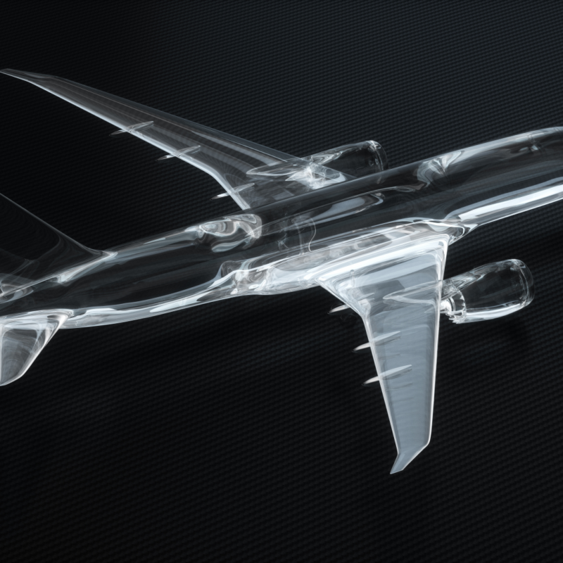 A transparent, 3D-rendered model of an airplane, crafted using aerospace metal additive manufacturing techniques, is displayed against a dark, textured background.