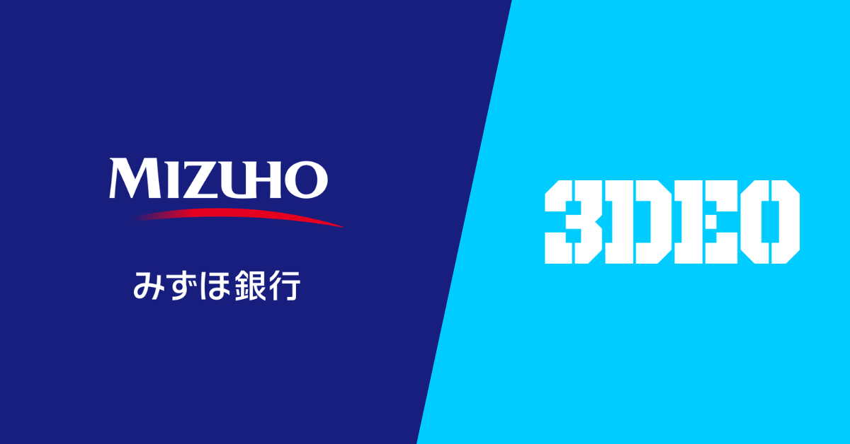 Logo image with the left side showing "Mizuho" in English and Japanese on a dark blue background, and the right side showing "3DEO" in bold white letters on a light blue background. 3DEO Announces new CEO prominently featured.